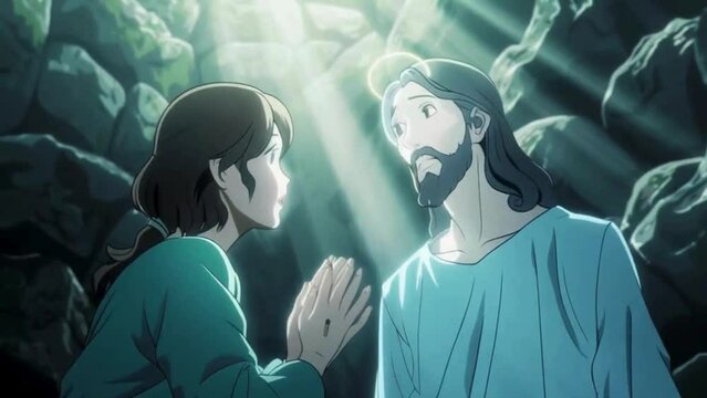 Mary's encounter with the risen Christ, evoking awe and wonder at the miracle of resurrection, anime style 4k UHD animation