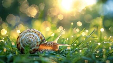 Tranquil upside down snail peacefully nestled in the midst of vibrant green grass - obrazy, fototapety, plakaty