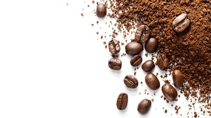 Freshly Roasted Coffee Beans with Coffee Grounds on a White Background Image of a Beverage Made from Coffee Granules with Space for Text