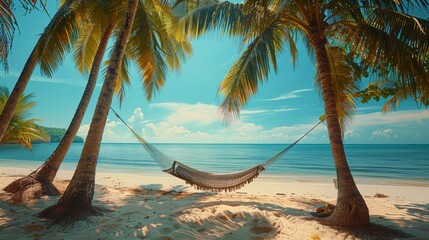Hammock Hanging Between Two Palm Trees on a Beach