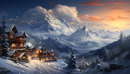 Beautiful winter landscape with snow covered mountains and wooden houses at sunset