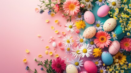 Obraz na płótnie Canvas Celebrating Easter with eggs and flowers on a colored table Colorful naturally dyed eggs create a festive background from a top down perspective with space for text