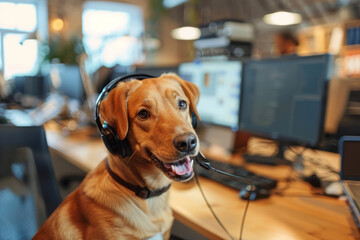 Cute dog in an office answering calls in a call center. Generative AI