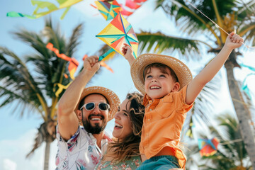 Family laugh and play together playing with kites on beach near sea. Generative AI