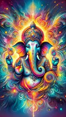 Lord Ganesha, the remover of obstacles, is depicted in a psychedelic style with vibrant colors and cosmic energy, representing spiritual awakening and divine power