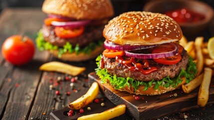 A close up of a hamburger with onions and tomatoes on top, AI - Powered by Adobe
