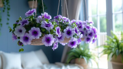   A window ledge holds a hanging basket filled with purple petunias Nearby rests a white sofa, accompanied by more potted plants - obrazy, fototapety, plakaty