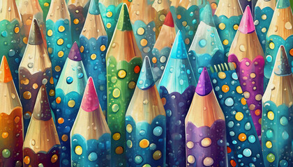 oil painting style cartoon character illustration Multicolored a group of colored pencils
