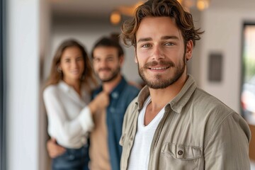 Fototapeta premium A handsome man in the foreground smiles, with friends playfully interacting in the softly blurred background