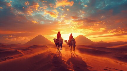 Group of People Riding Horses Across Desert - obrazy, fototapety, plakaty