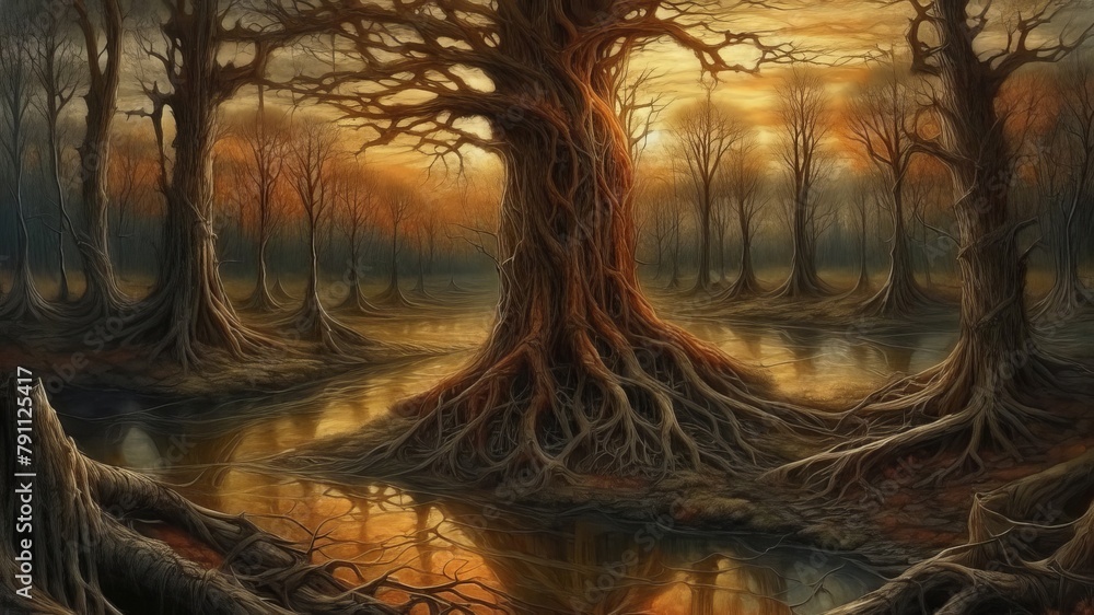 Poster mysterious forest apocalyptic landscape at sunset with twisted trees and a lava flow