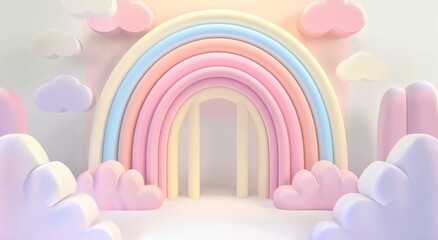 Dreamy pastel rainbow arch with fluffy clouds in a serene 3D landscape