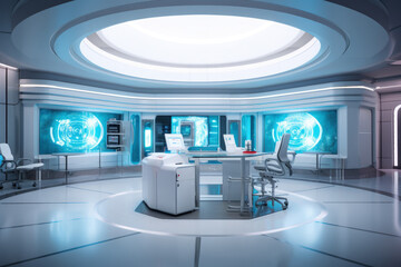 Futuristic Medical Facility, Virtual Reality, AI, Telemedicine