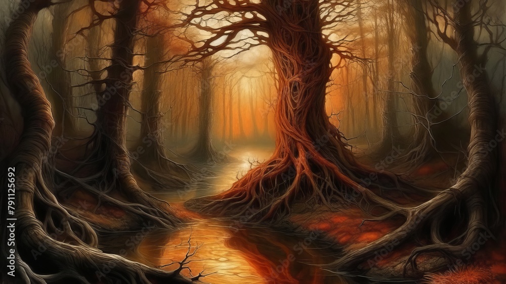 Poster mysterious forest apocalyptic landscape at sunset with twisted trees and a lava flow