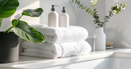Fototapeta na wymiar White fluffy towels stacked next to skincare bottles on bathroom counter with plants