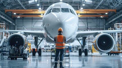 Fototapeta premium Worker in high-visibility vest stands before airplane hangar