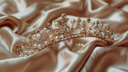 Elegant tiara adorned with pearls and crystals on silk fabric - obrazy, fototapety, plakaty