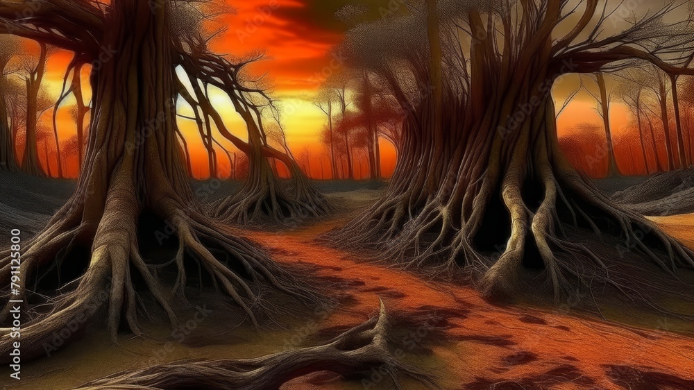Poster mysterious forest apocalyptic landscape at sunset with twisted trees and a lava flow