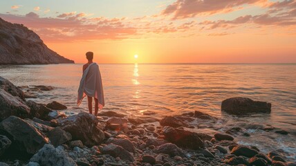 Person walking on rocky shore at sunrise - obrazy, fototapety, plakaty