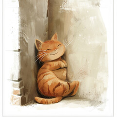 playful illustration of a cat sitting in a room corner enjoying