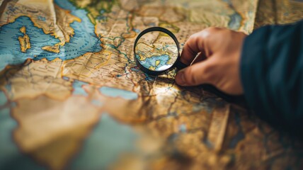 Hand holding magnifying glass over map focusing on coastline