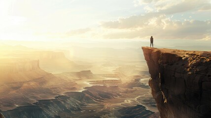 Person standing on cliff overlooking vast canyon at sunrise