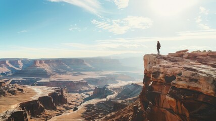 Person standing on cliff edge overlooking vast canyon under blue sky - obrazy, fototapety, plakaty