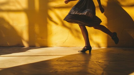Silhouette of person wearing skirt and heels walking by yellow wall with shadows