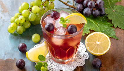 Summer Symphony: A Glass of Ice Tea With Lemon and Grapes. Generative AI