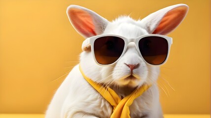 A sleek white bunny donning sunglasses, exuding effortless coolness against a vibrant yellow background