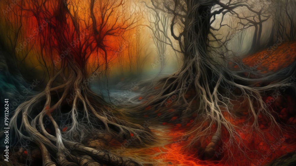 Poster mysterious forest apocalyptic landscape at sunset with twisted trees and a lava flow