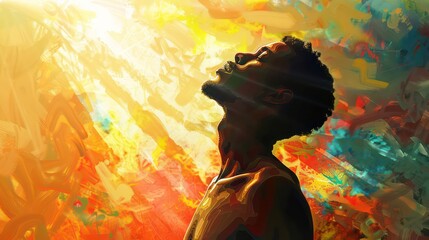African american man in worship on abstract, warm, colorful background with sun. Digital oil painting - obrazy, fototapety, plakaty