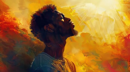 African american man in worship on abstract, warm, colorful background with sun. Digital oil painting