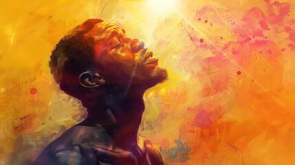 African american man in worship on abstract, warm, colorful background with sun. Digital oil painting