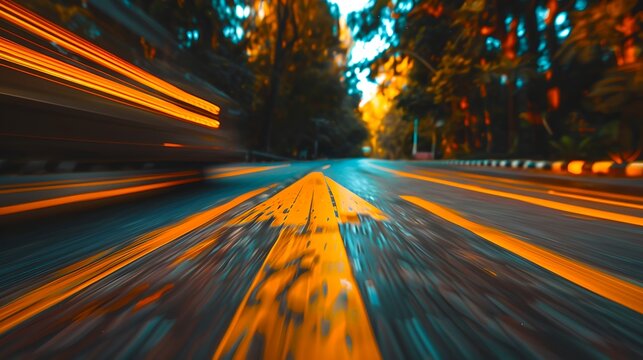Speedy motion blur on a forest road during sunset. Dynamic perspective of highway travel. Vibrant colors capture the rush of driving. Stock photography for travel and adventure. AI