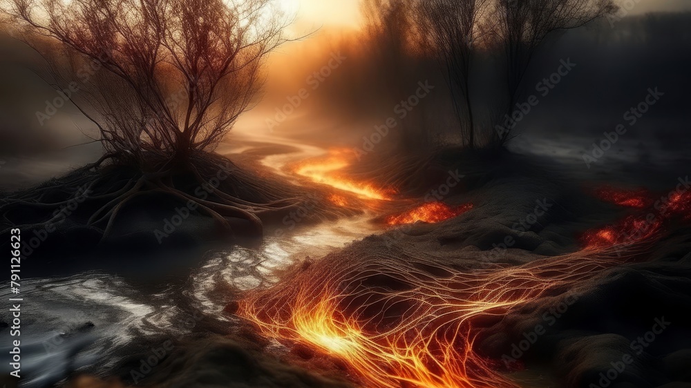 Poster mysterious forest apocalyptic landscape at sunset with twisted trees and a lava flow