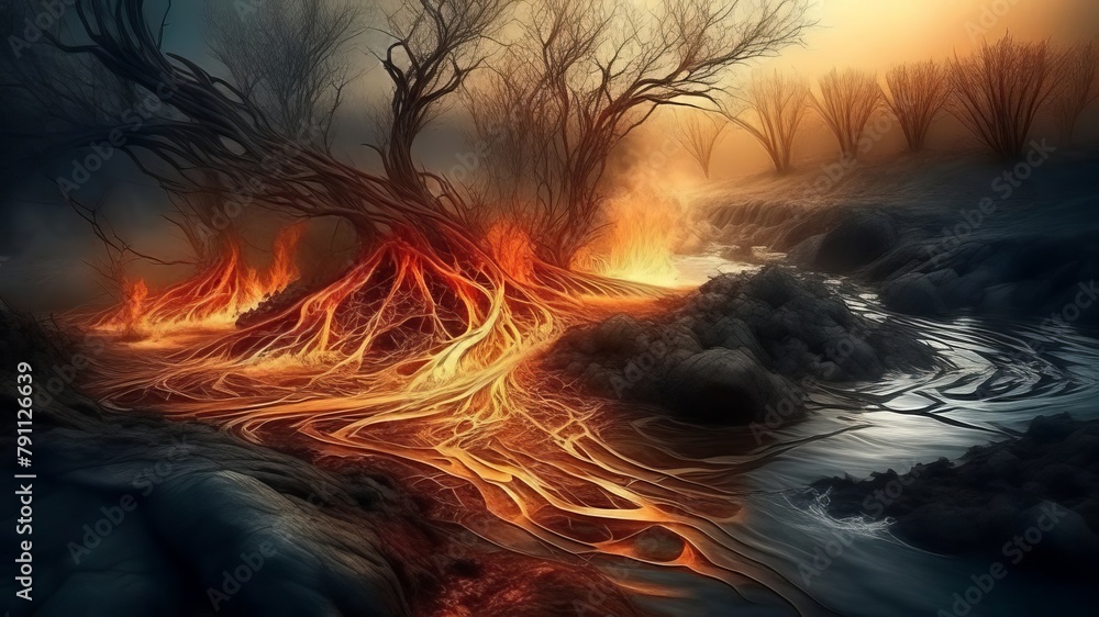 Poster mysterious forest apocalyptic landscape at sunset with twisted trees and a lava flow
