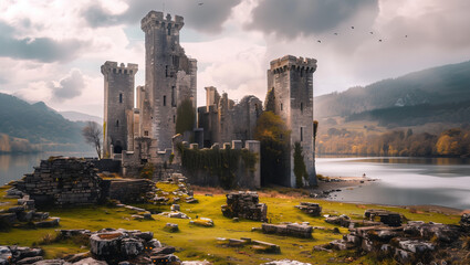 Ruins of the ancient medieval legendary castle of King Arthur Camelot. Generative AI - obrazy, fototapety, plakaty