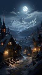 Winter village in the mountains at night and full moon. 3d rendering
