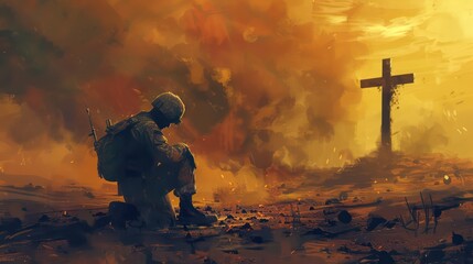 Christian soldier praying with cross in the background. Christian concept. Digital painting