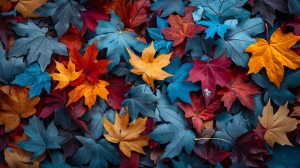A close up of a pile of colorful leaves on the ground, AI - obrazy, fototapety, plakaty