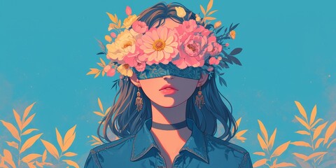 A surreal fashion design illustration of a woman with a colorful blindfold and flowers on her head, in the surreal digital art