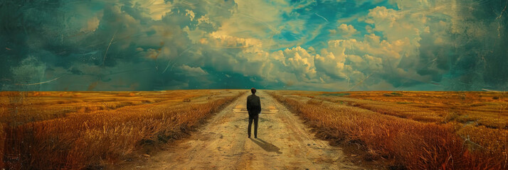 A painting depicting a person walking along a dirt road - obrazy, fototapety, plakaty