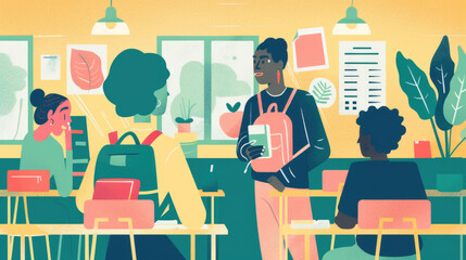 A group of diverse individuals gathered around a classroom, engaging in conversation and observing the surroundings