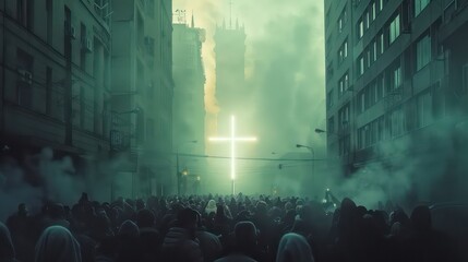 Crowd of people looking at a bright cross in the middle of the street on a foggy day - obrazy, fototapety, plakaty