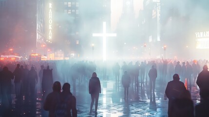 Crowd of people looking at a bright cross in the middle of the street on a foggy day - obrazy, fototapety, plakaty