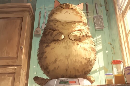 A very large, round and cute cat standing on top of the kitchen scales with its back straight up, showing that it is extremely obese. 