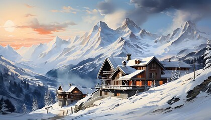 Panoramic view of alpine village in winter, Switzerland.