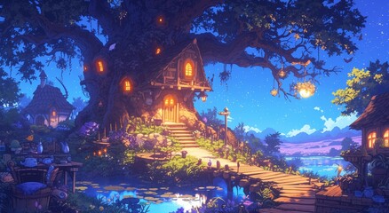 A whimsical treehouse nestled in the branches of an ancient oak, surrounded by twinkling fairy lights and shimmering stars, with vibrant colors 