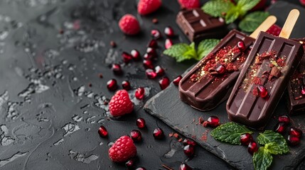 Obraz na płótnie Canvas Chocolate pops with raspberries on a slate platter Topped with mint sprinkles and garnished with mint leaves and pomegranates